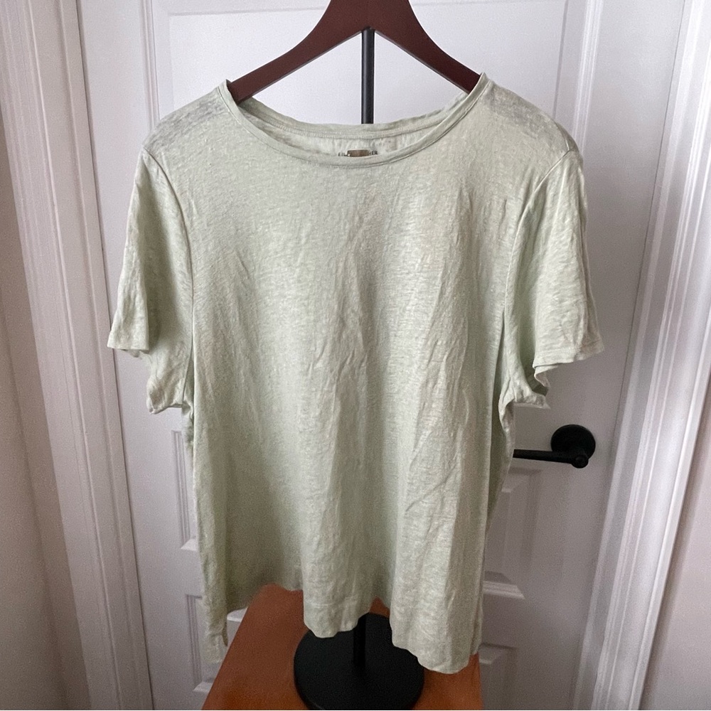Eileen Fisher Light Earthy Green Organic Linen Short Sleeve Top XL